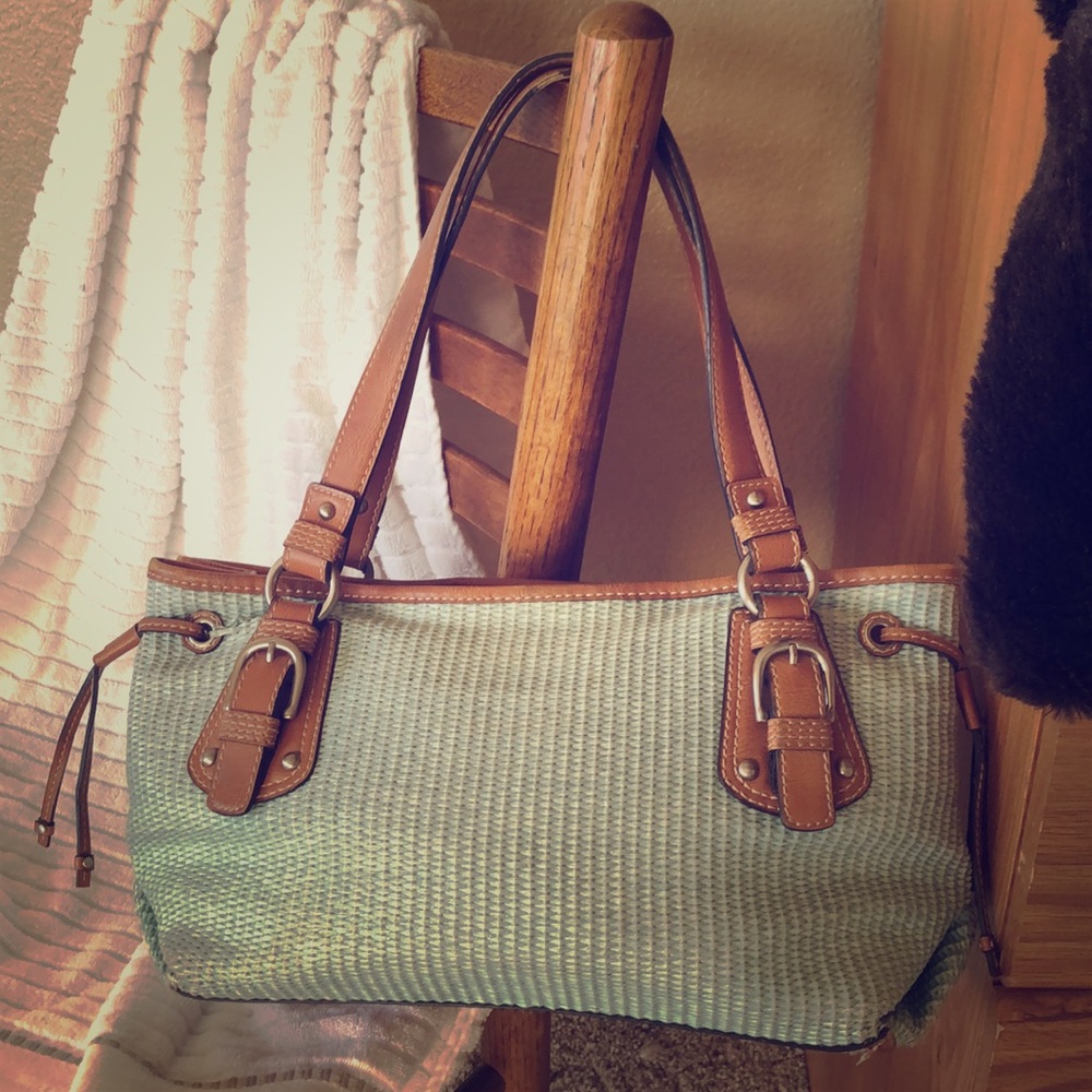 Fossil Teal Blue Leather And Straw Purse